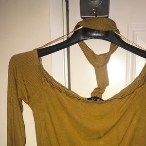 Mustard colored, off the shoulder choker shirt!